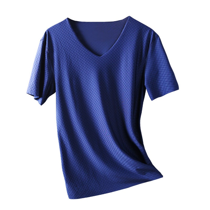 Ice Silk Traceless Short-sleeved T-shirt Men's V-neck Summer Thin Stretch Slim-fit Top Grid Quick-drying Sports Half-sleeved T-shirt - Image 1