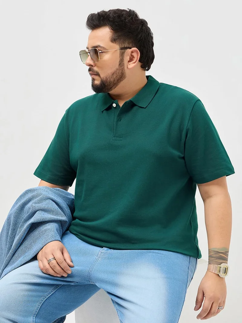 Urbano Fashion  Urbano Plus Men's Teal Green Solid Regular Fit Half Sleeve Cotton Polo T-Shirt  | Best Price UAE