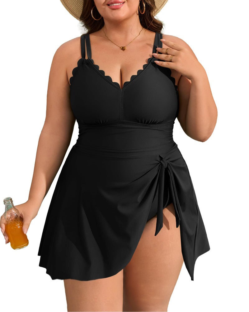 Charmo Plus Size Swimsuit for Women Swim Dress Scalloped One Piece Tummy Control Bathing Suit Ruched Swim Suits 2026 Black 2X - Image 1