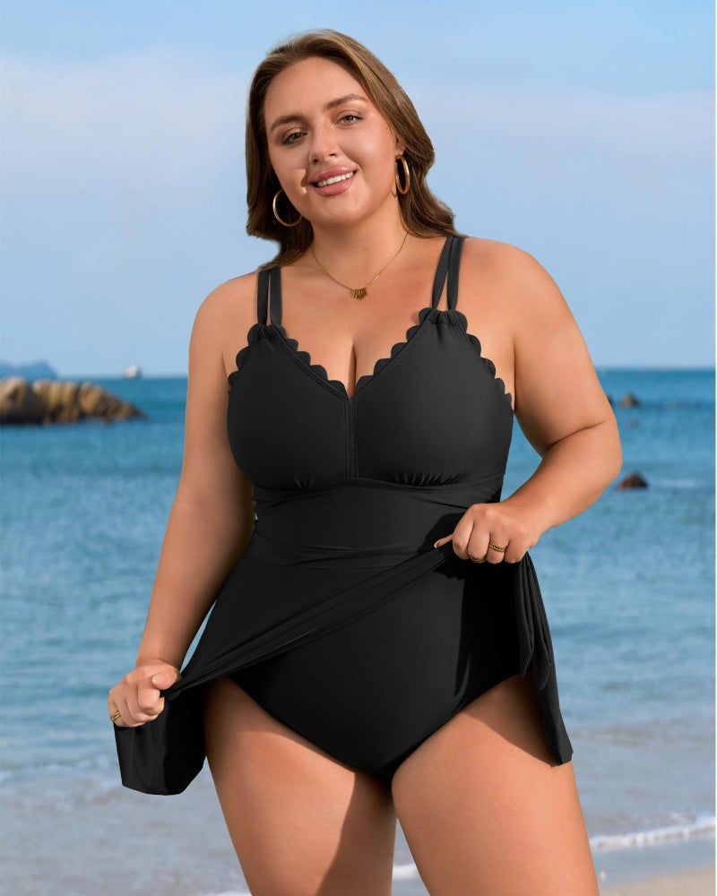 Charmo Plus Size Swimsuit for Women Swim Dress Scalloped One Piece Tummy Control Bathing Suit Ruched Swim Suits 2026 Black 2X - Image 3