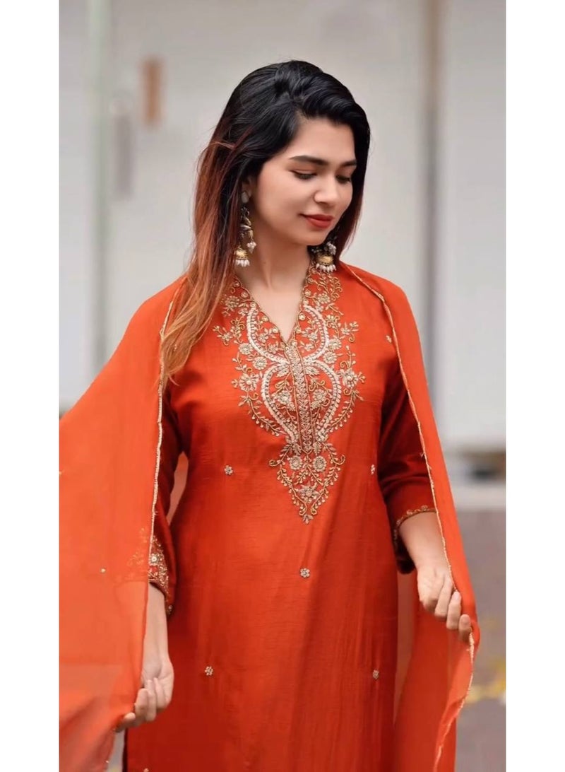 Super Asian Pure Chiffon Silk Suit Set with Heavy Embroidery & Sequence Work – Full Sleeve Top, Matching Pant & Dupatta  - Image 5