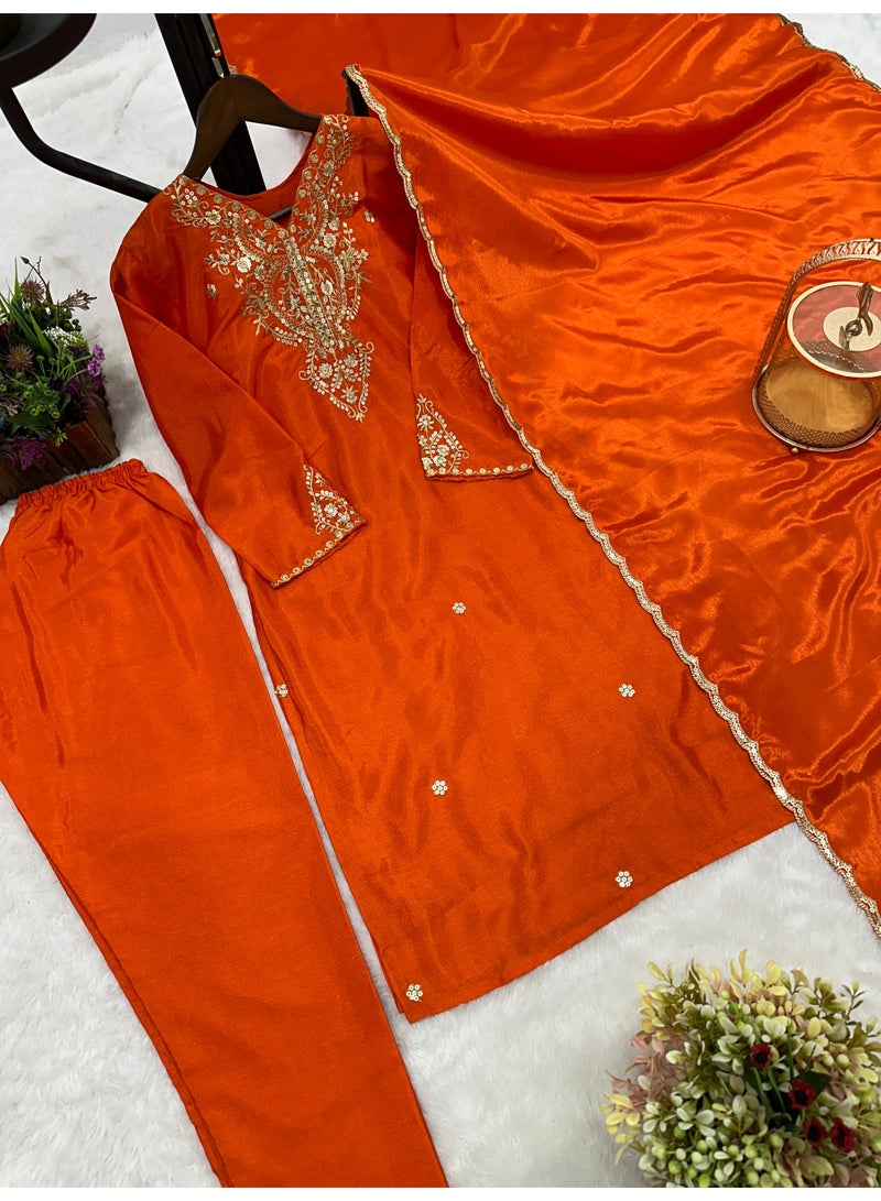 Super Asian Pure Chiffon Silk Suit Set with Heavy Embroidery & Sequence Work – Full Sleeve Top, Matching Pant & Dupatta  - Image 1