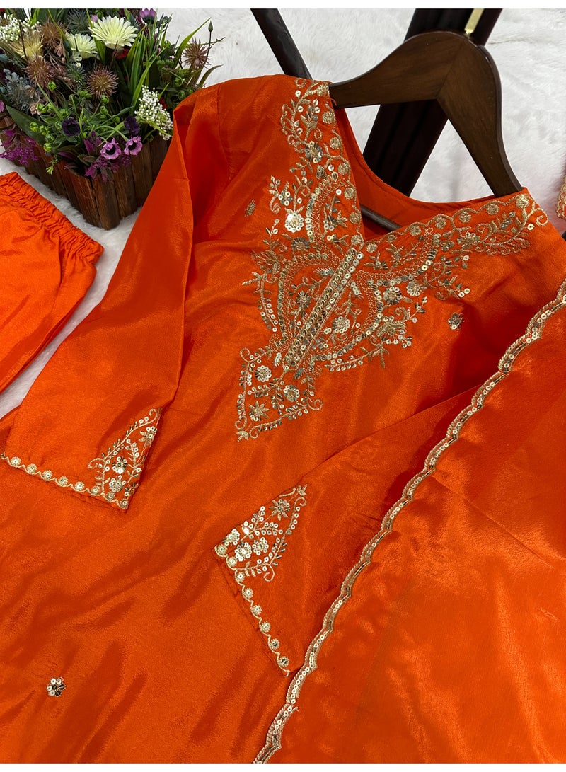 Super Asian Pure Chiffon Silk Suit Set with Heavy Embroidery & Sequence Work – Full Sleeve Top, Matching Pant & Dupatta  - Image 4