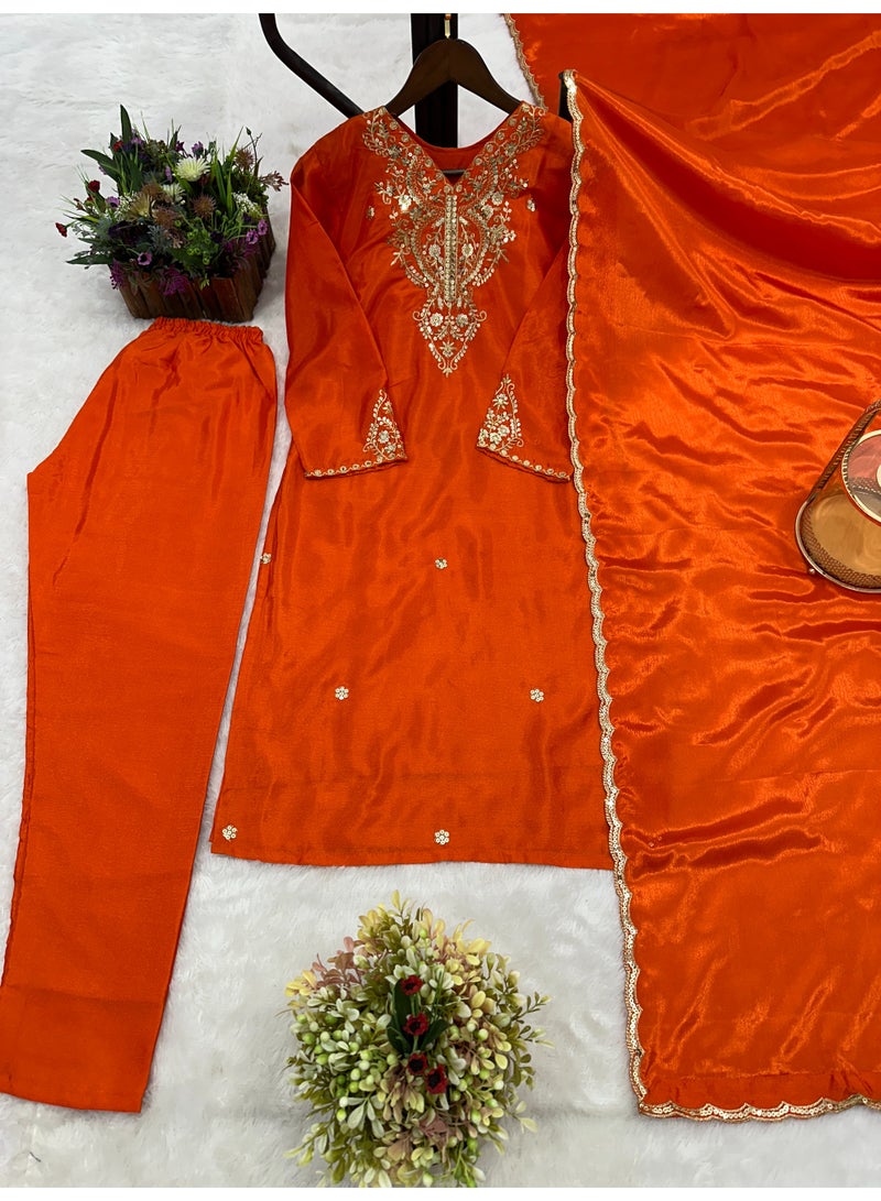 Super Asian Pure Chiffon Silk Suit Set with Heavy Embroidery & Sequence Work – Full Sleeve Top, Matching Pant & Dupatta  - Image 2