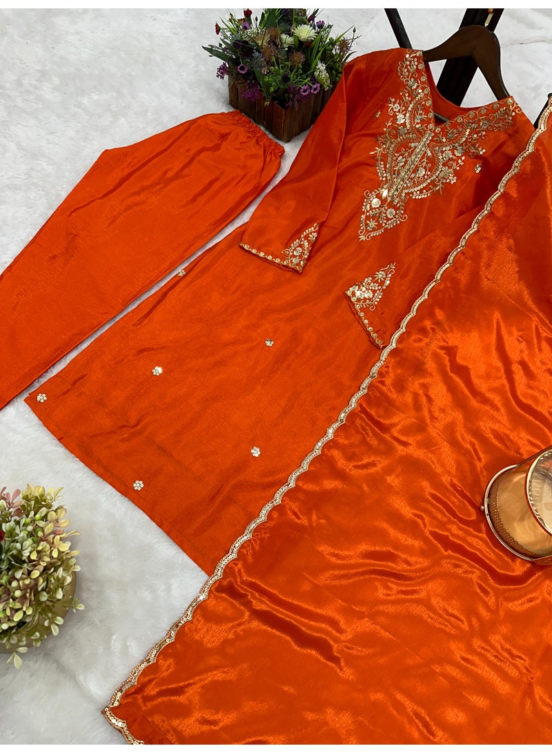 Super Asian Pure Chiffon Silk Suit Set with Heavy Embroidery & Sequence Work – Full Sleeve Top, Matching Pant & Dupatta  - Image 3