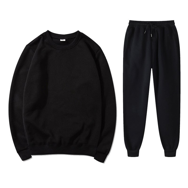 Generic Cross-border Mens and Womens Round Neck Sweatshirt Sports suit Solid Color Light Plate Fleece Loose Pullover Sportswear suit Black 