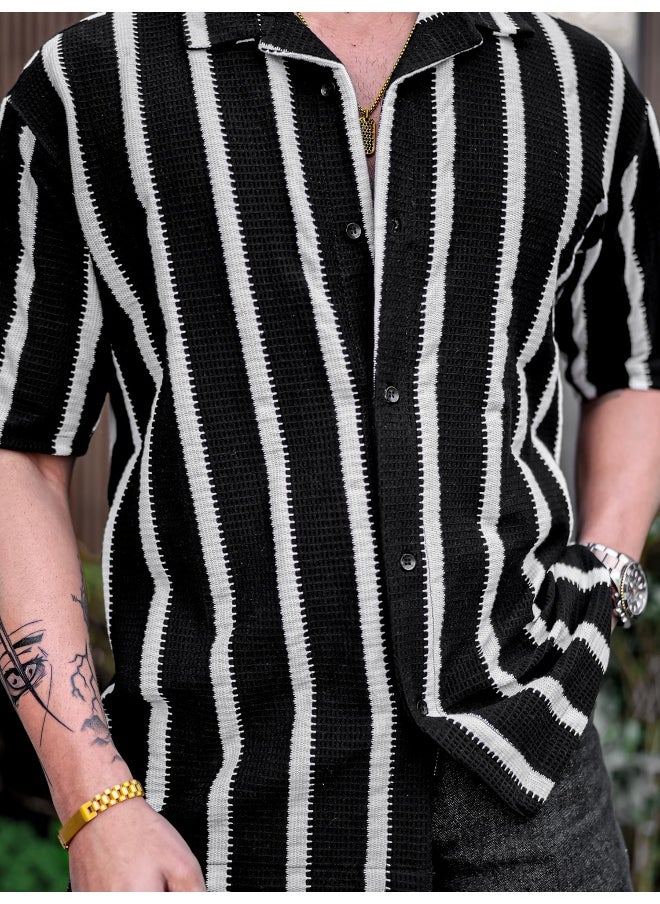 Maniac Men Striped Collared Neck Half Sleeve Black Shirt  - Image 3