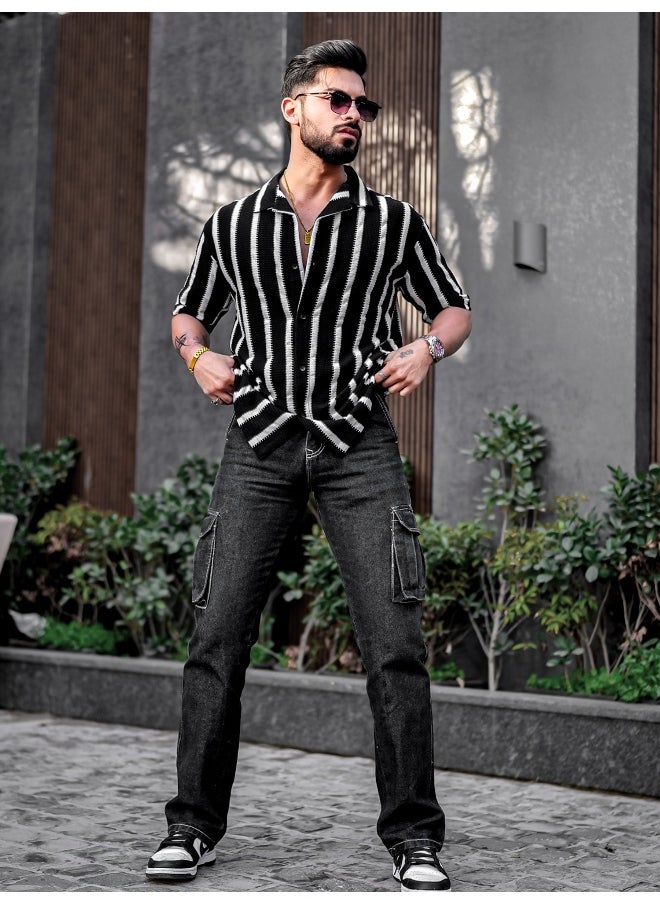 Maniac Men Striped Collared Neck Half Sleeve Black Shirt  - Image 4
