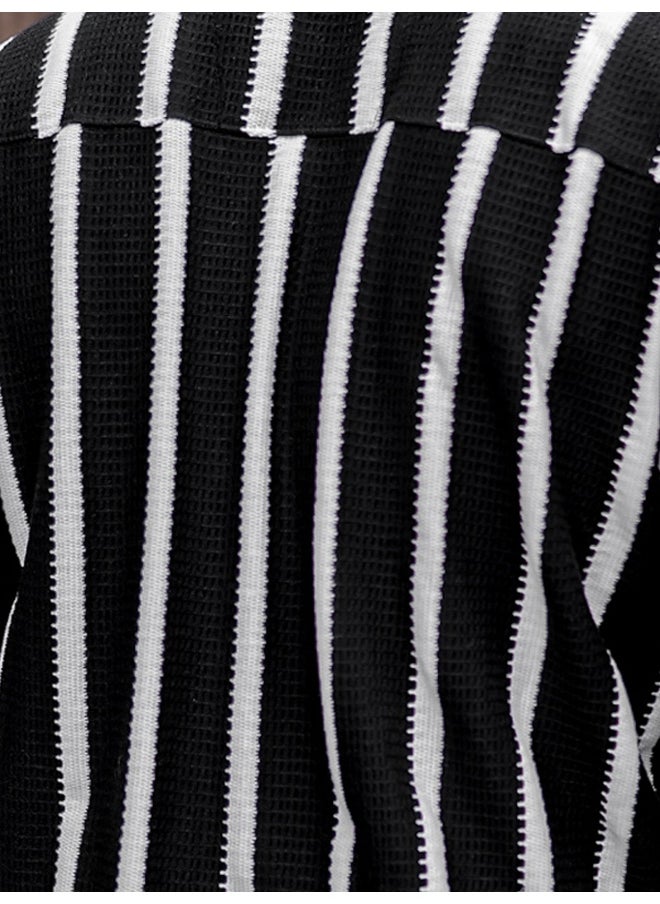 Maniac Men Striped Collared Neck Half Sleeve Black Shirt  - Image 5