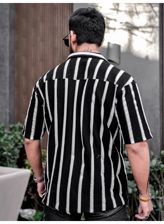 Maniac Men Striped Collared Neck Half Sleeve Black Shirt