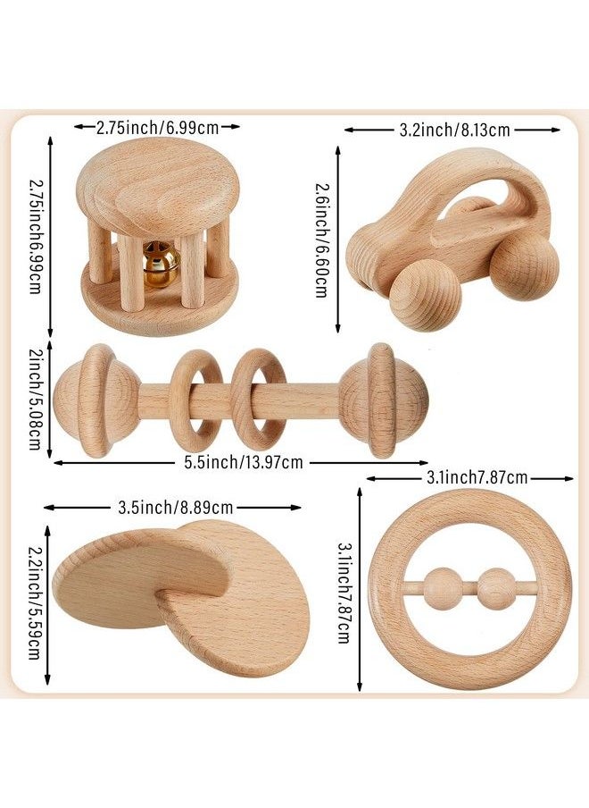 Zhanmai 5 Pieces Wooden Baby Toys Wooden Toys For Babies 0 6 12 Months Wood Toys Rattles With Bells Montessori Wood Baby Push Car Wooden Newborn Toy For Infant Boys And Girls Gifts  - Image 3