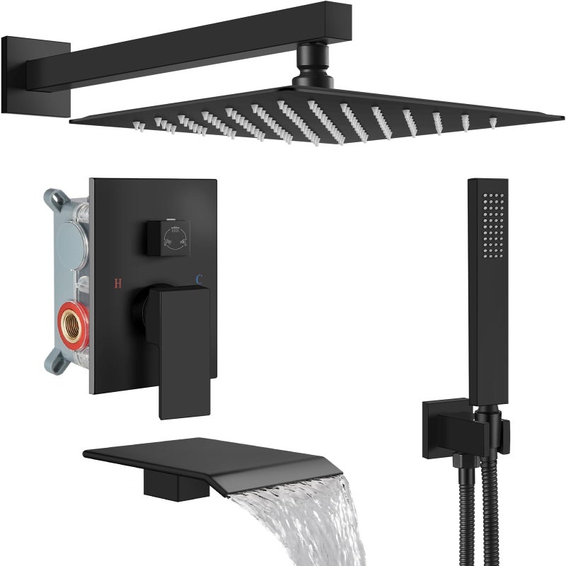 Midanya Rain Shower System with Tub SpoutTub Shower Faucet Set with rainfall Shower Head and Handheld SprayWall Mount Tub Shower Combo Roughin Valve Included10 Inch Matte Black - Image 2