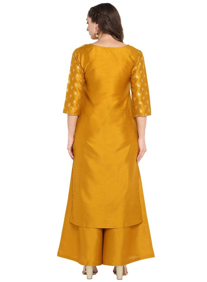 Janasya Women's Mustard Silk Blend Foil Printed Kurta with Palazzo(J0003-SET-XL) - Image 5