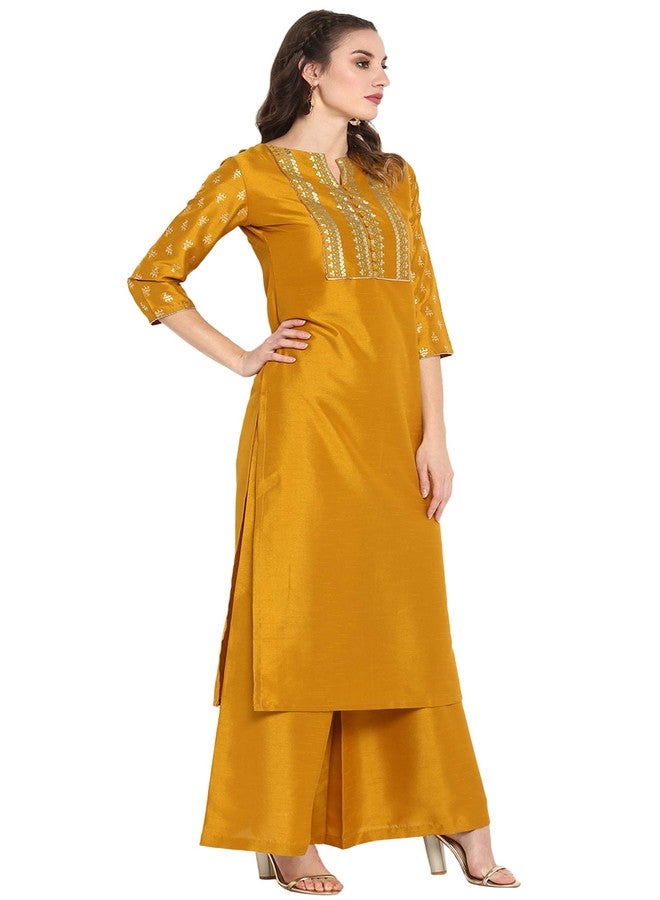 Janasya Women's Mustard Silk Blend Foil Printed Kurta with Palazzo(J0003-SET-XL) - Image 4