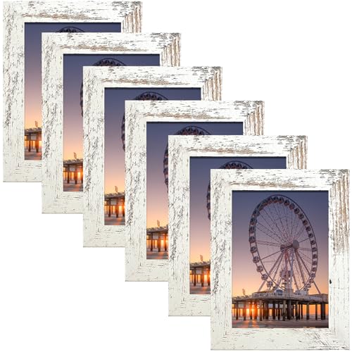 BESCRCL 4x6 Picture Frame with Real Glass Set of 6, Distressed White Wooden Frame 4 x 6 for Wall or Tabletop - Image 1