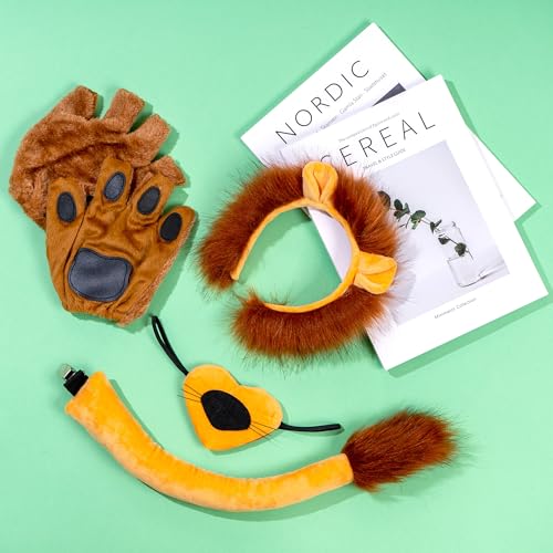 Eybila 5 Pcs Lion Costume Set Lion Ears Headband Tail Paw Gloves Nose Bow Tie Halloween Lion Cosplay Party Adult Dress Up Accessories - Image 4