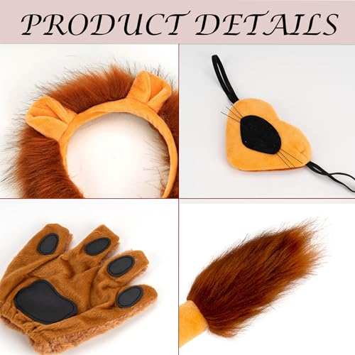 Eybila 5 Pcs Lion Costume Set Lion Ears Headband Tail Paw Gloves Nose Bow Tie Halloween Lion Cosplay Party Adult Dress Up Accessories - Image 3
