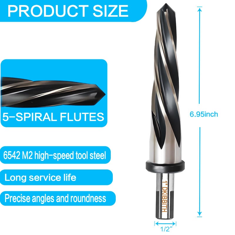 DKIBBITH 1” Bridge Construction Reamer Drill Bit, M2 HSS Taper Chucking Reamer for Steel Alloy Metal Wood Plastic, 1/2" Non-Slip Shank, 5-Spiral Flutes Car Reamer, to Align or Enlarge Holes, 25mm - Image 2