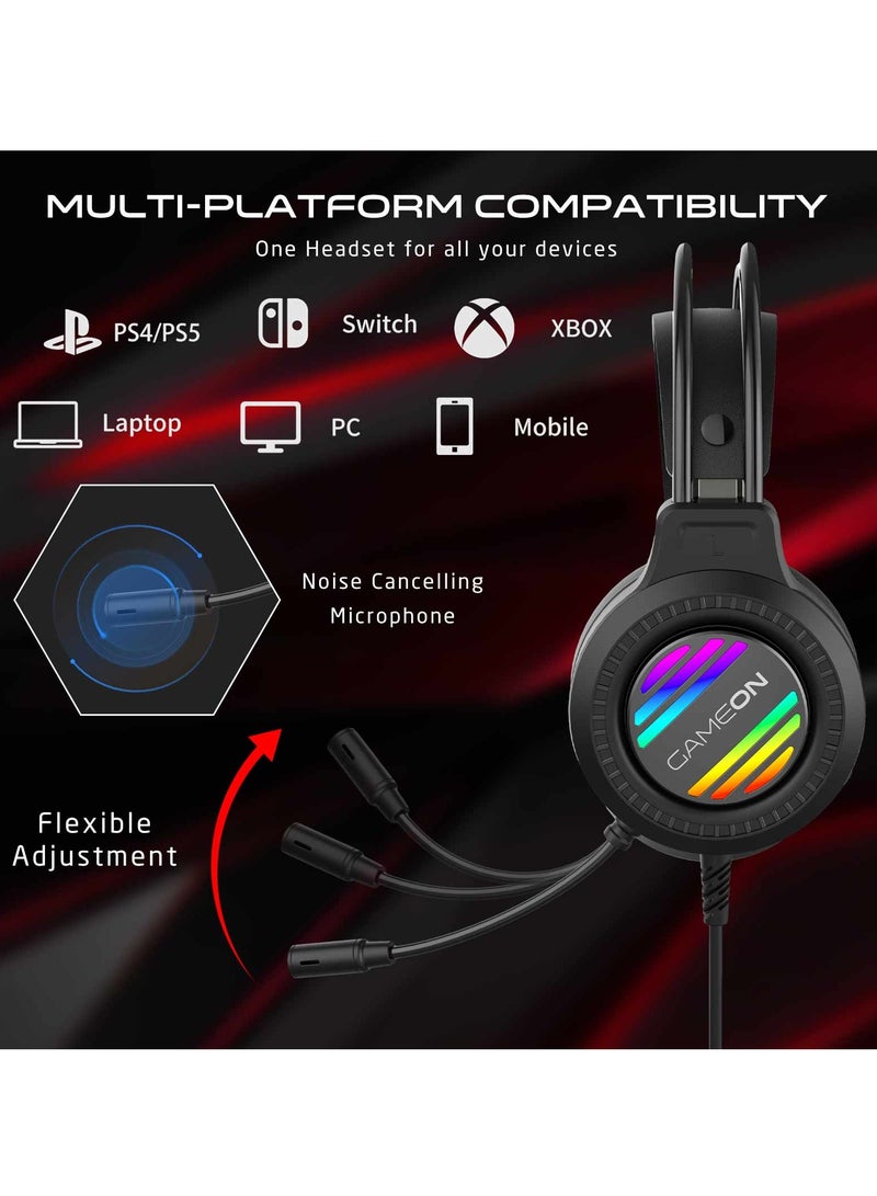 سماعة رأس للألعاب GAMEON GOT100 Raven strike RGB مع محركات 50 مم متوافقة مع PS4 و PS5 و Xbox One والكمبيوتر الشخصي باستخدام اتصال USB