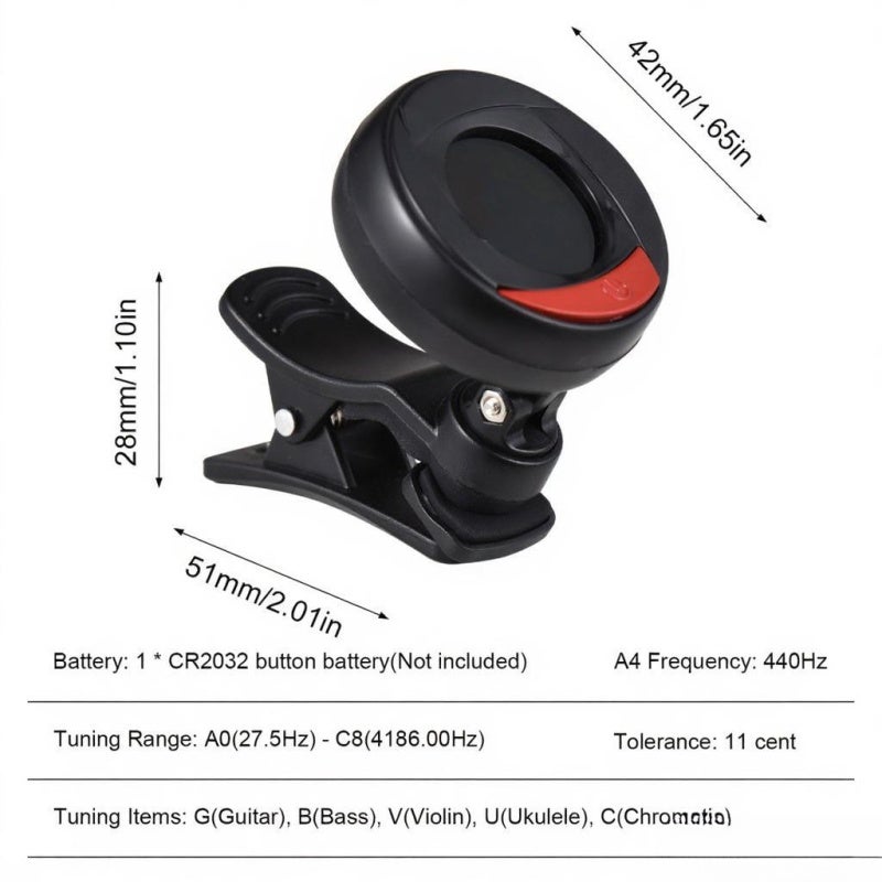 Rowin Clip On Tuner: Black Mini Size, Vibration Pickup, Color Rotatable Backlight Screen - Multi-Instrument Tuning Range, For Guitar Bass Violin Ukulele Chromatic Use - Image 2