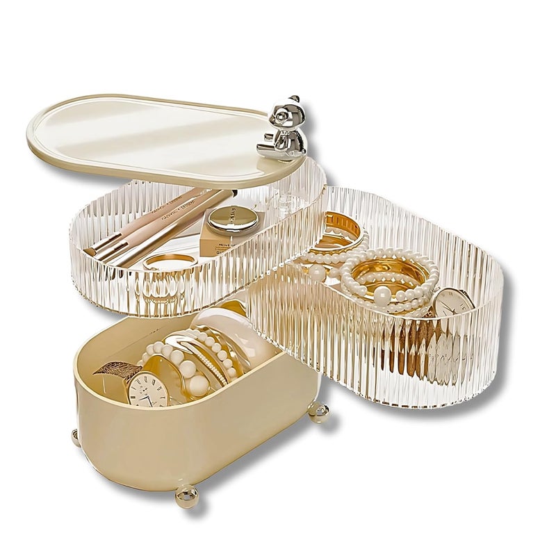 HOOPVOOL Jewellery Storage Organizer 360 Rotating 3 Layers Multi-Compartments Desktop Cotton Pad Cosmetic Lipstick Makeup Brush Jewellery Organizer for Countertop Vanity (Cream Teddy) - Image 1