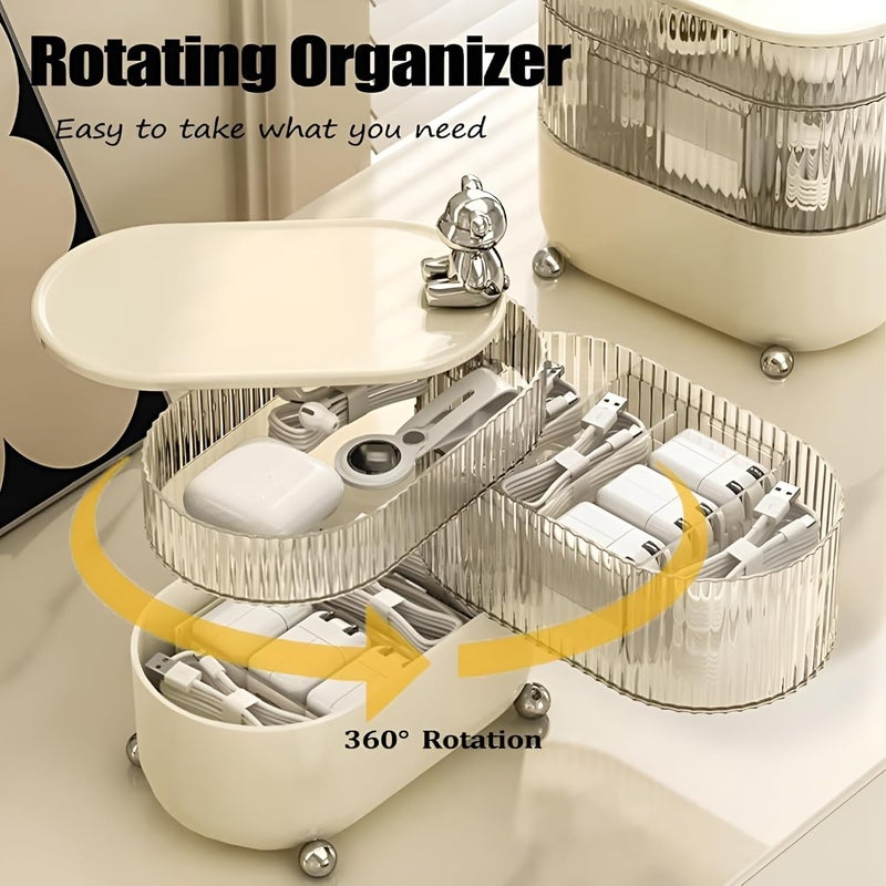 HOOPVOOL Jewellery Storage Organizer 360 Rotating 3 Layers Multi-Compartments Desktop Cotton Pad Cosmetic Lipstick Makeup Brush Jewellery Organizer for Countertop Vanity (Cream Teddy) - Image 5