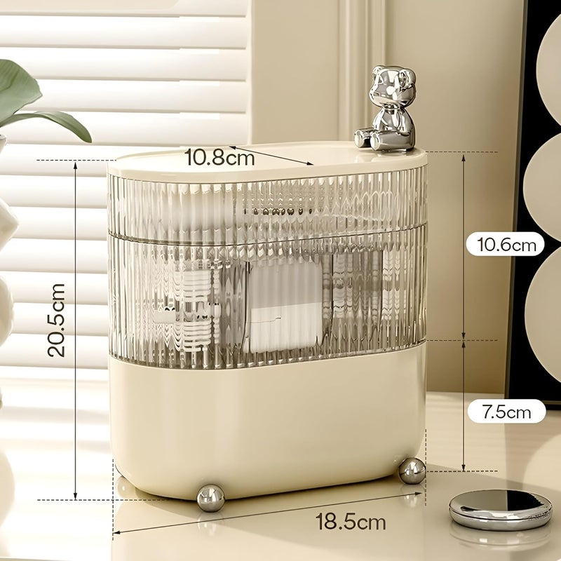 HOOPVOOL Jewellery Storage Organizer 360 Rotating 3 Layers Multi-Compartments Desktop Cotton Pad Cosmetic Lipstick Makeup Brush Jewellery Organizer for Countertop Vanity (Cream Teddy) - Image 2