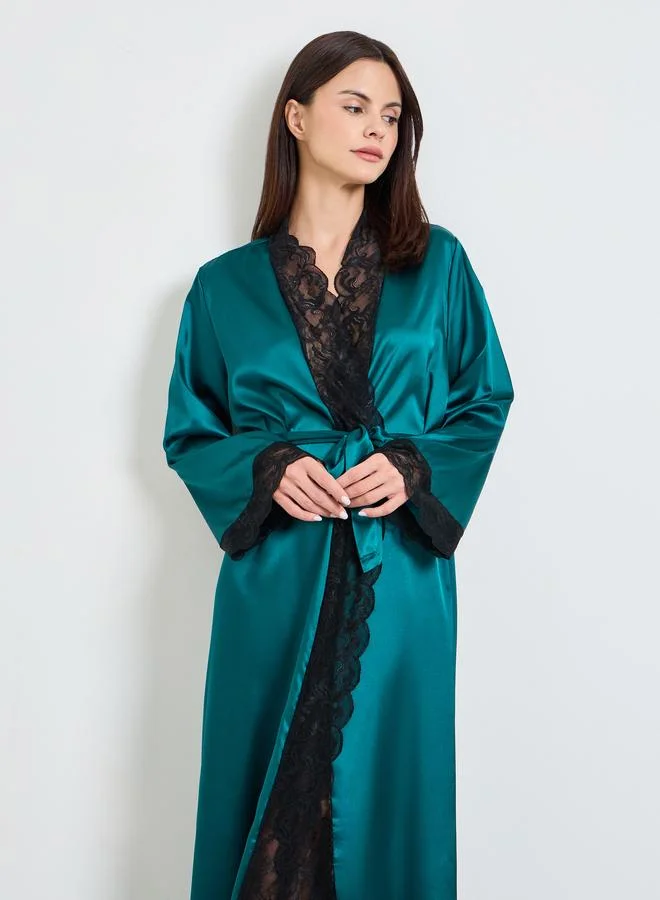 تايك تو Turquoise Satin Lace Trims and Tie-Up details Robe