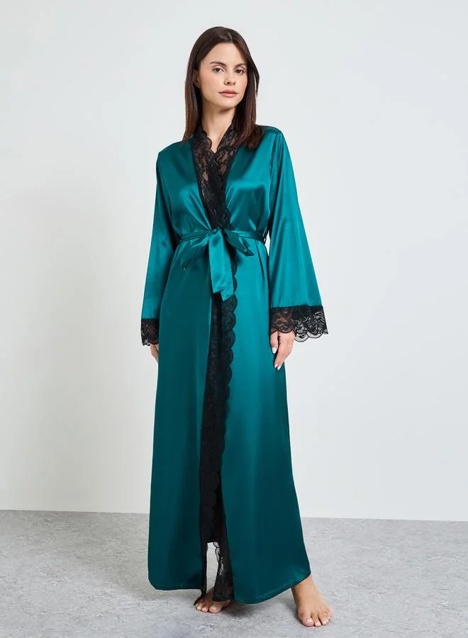تايك تو Turquoise Satin Lace Trims and Tie-Up details Robe