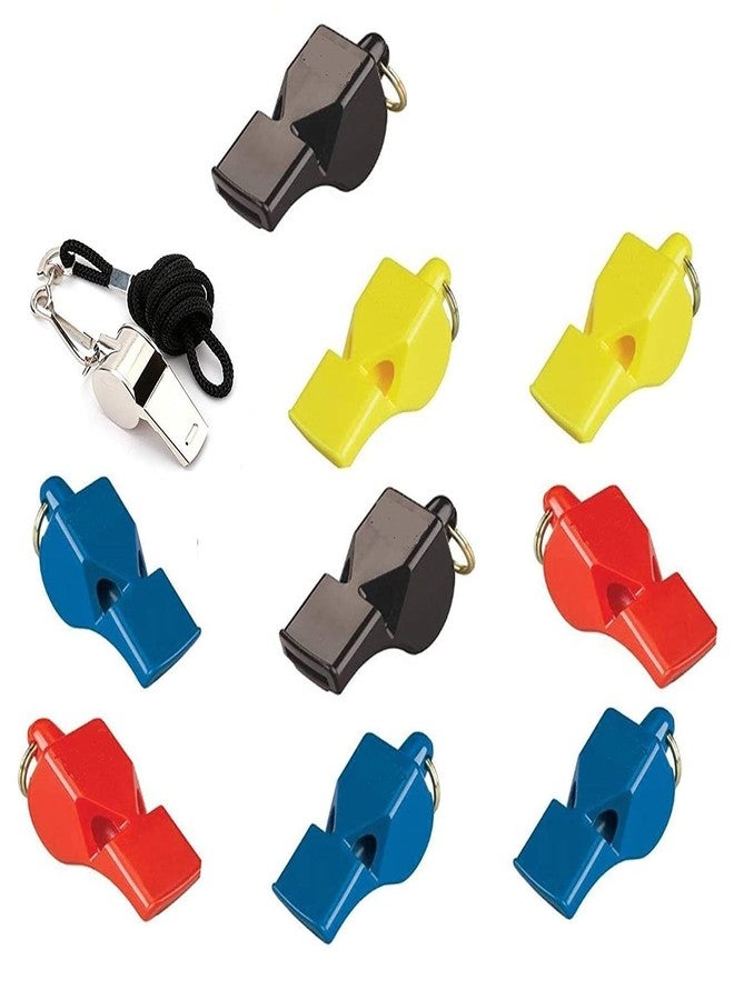 Benstar 10 Packs Coaches Referee Whistles with Lanyards, 9 Colorful Plastic and 1 Stainless Steel Metal Whistle for Football Sports Lifeguards Survival Emergency Training (Multicolour) - Image 1