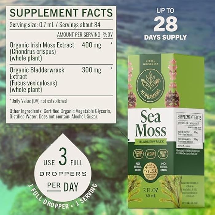 HERBAMAMA Irish Sea Moss Liquid Drops - Vegan Immune Support with Sea Moss & Bladderwrack Complex Tincture - Non-GMO, Alcohol & Sugar-Free Chondrus Crispus Extract Supplement - 28-Day Supply - Image 3