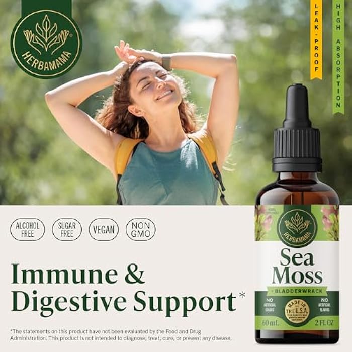 HERBAMAMA Irish Sea Moss Liquid Drops - Vegan Immune Support with Sea Moss & Bladderwrack Complex Tincture - Non-GMO, Alcohol & Sugar-Free Chondrus Crispus Extract Supplement - 28-Day Supply - Image 2