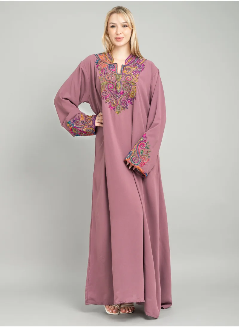 IKKXA Solid Embroidery Elegant Jalabiya XJ1005 Pink