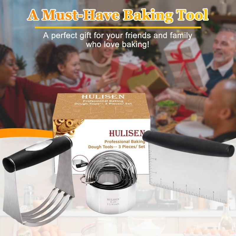 HULISEN Stainless Steel Biscuit Cutter Set, Pastry Scraper and Dough Blender, Sturdy & Long-Lasting with Ergonomic Rubber Grip, Professional Baking Dough Tools, Gift Package (3 Pcs/Set) - Image 2
