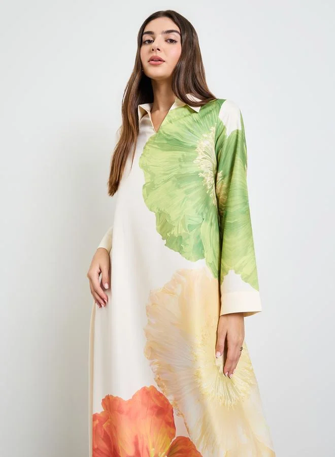Amirah Open Collar Placement Print Jalabiya