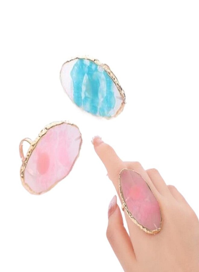 Ebonee 2 Pack Resin Stone Nail Art Palettes with Adjustable Finger Rings, Colorful Marble DIY Gel Polish Mixing Tray Plate for Eyelash Extension Glue Holder (Pink, Blue) - Image 1