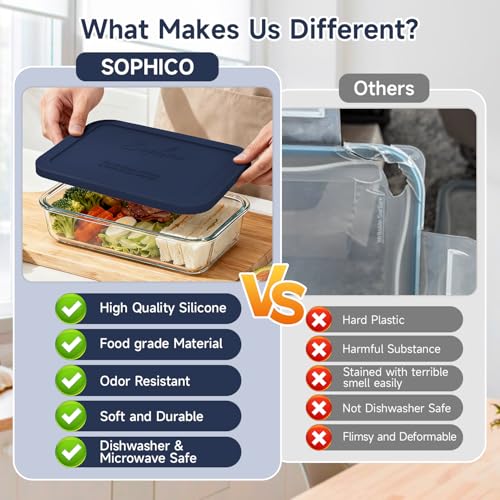 Sophico 3-Pack Silicone Lids for Pyrex Freshlock & SNAPWARE 6/8-Cup Glass Bowls (7211R/8608) - Airtight, Leakproof, Freezer/Dishwasher/Microwave Safe Replacement Rectangle Covers - Image 3