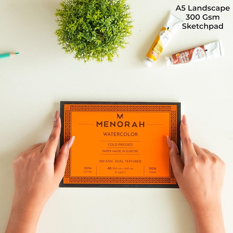 MENORAH – A5 – 100% Cotton Watercolor Sketchbook – 300 GSM- Water Color Paper Loose Sheets (14.8 cm x 21.0 cm)- (15 Sheets / 30 Pages)- Watercolour Artist Sketchbook- Glued End Pad - Image 3