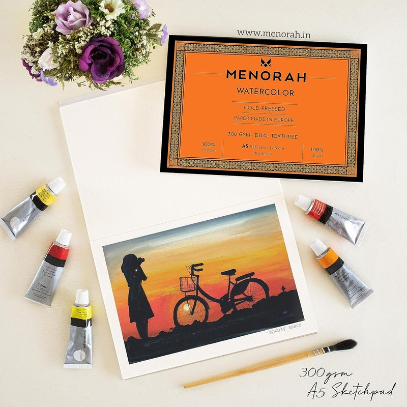 MENORAH – A5 – 100% Cotton Watercolor Sketchbook – 300 GSM- Water Color Paper Loose Sheets (14.8 cm x 21.0 cm)- (15 Sheets / 30 Pages)- Watercolour Artist Sketchbook- Glued End Pad - Image 4