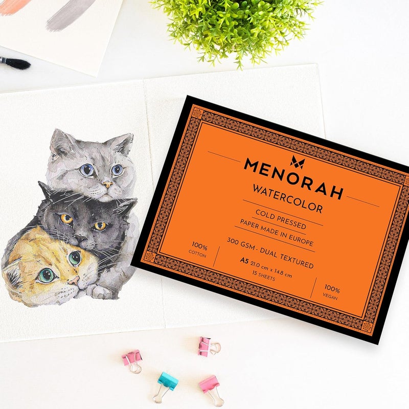 MENORAH – A5 – 100% Cotton Watercolor Sketchbook – 300 GSM- Water Color Paper Loose Sheets (14.8 cm x 21.0 cm)- (15 Sheets / 30 Pages)- Watercolour Artist Sketchbook- Glued End Pad - Image 1