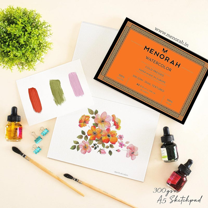 MENORAH – A5 – 100% Cotton Watercolor Sketchbook – 300 GSM- Water Color Paper Loose Sheets (14.8 cm x 21.0 cm)- (15 Sheets / 30 Pages)- Watercolour Artist Sketchbook- Glued End Pad - Image 5