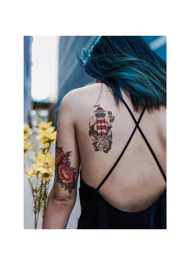 Cinaci Vintage Temporary Tattoos - Traditional Old School Classic Cool Stickers Sailor Jerry Style Globe Lighthouse Sailboat Flowers Bouquet Sword Anchor Diamond Feather Temporary Tattoo Fake Tattoo  - Image 5