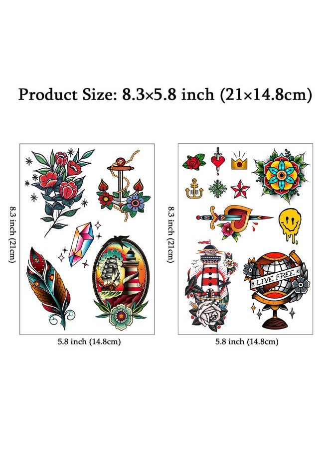 Cinaci Vintage Temporary Tattoos - Traditional Old School Classic Cool Stickers Sailor Jerry Style Globe Lighthouse Sailboat Flowers Bouquet Sword Anchor Diamond Feather Temporary Tattoo Fake Tattoo  - Image 2