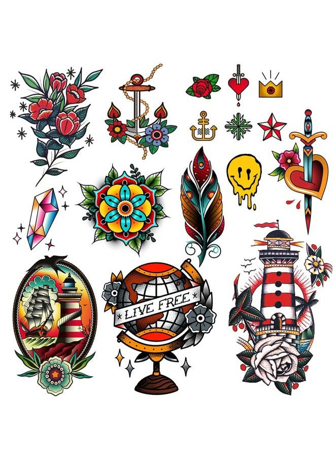 Cinaci Vintage Temporary Tattoos - Traditional Old School Classic Cool Stickers Sailor Jerry Style Globe Lighthouse Sailboat Flowers Bouquet Sword Anchor Diamond Feather Temporary Tattoo Fake Tattoo  - Image 1