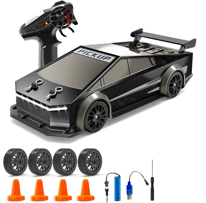 VikriDA 1:24 Scale RC Drift Car - 4WD High-Speed RC Racing Car with LED Lights, 2.4GHz Controller, One Rechargeable Batteries & Drifting Tires - Black - Image 1