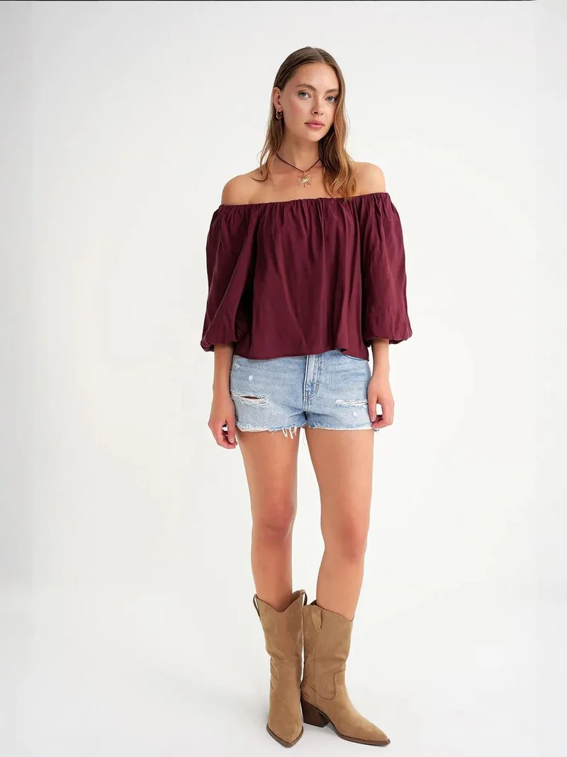 MixRay Mixray Modal Blended Blouse with Madonna Collar and Ruffle Detail