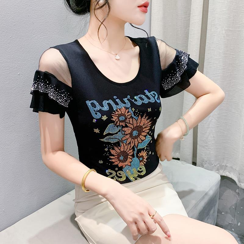 Real S 2024 Original Design Heavy Industry Diamond Mesh Lotus Leaf Short Sleeve Fashion All-Match T-Shirt Women'S Fashion - Image 1