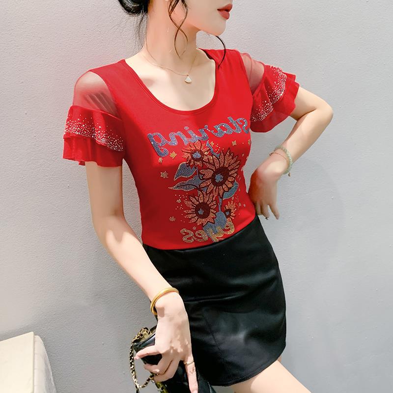 Real S 2024 Original Design Heavy Industry Diamond Mesh Lotus Leaf Short Sleeve Fashion All-Match T-Shirt Women'S Fashion - Image 4