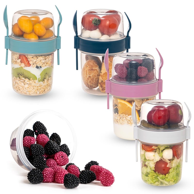 chedi 4-Pack 22 oz Portable Breakfast Cups with Lids & Spoons â€“ Reusable Cereal and Yogurt Containers with Topping Compartment â€“ Ideal for Granola, Oatmeal, Overnight Oats & Snacks (22 oz - 4 Pack) - Image 1