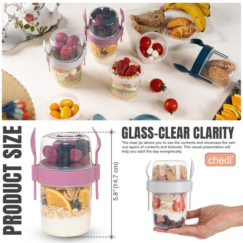 chedi 4-Pack 22 oz Portable Breakfast Cups with Lids & Spoons â€“ Reusable Cereal and Yogurt Containers with Topping Compartment â€“ Ideal for Granola, Oatmeal, Overnight Oats & Snacks (22 oz - 4 Pack) - Image 4